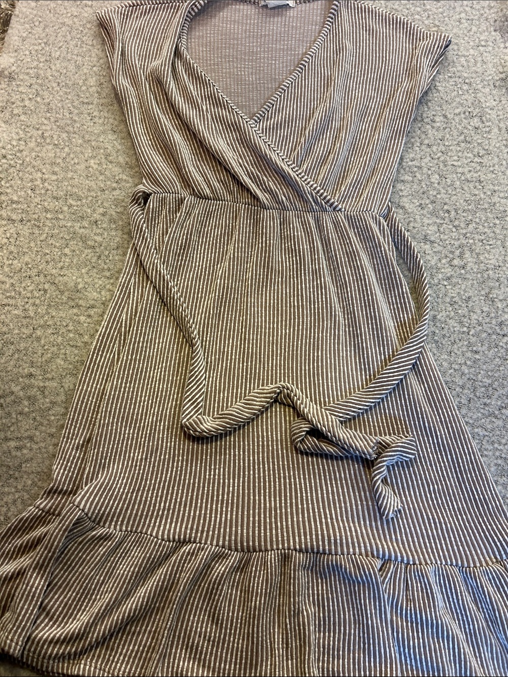 Caution To The Wind Brown and White Striped Midi Wrap Dress